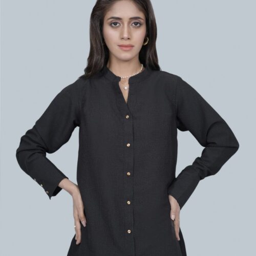 Midnight Noir Button-Down Georgette Kurti