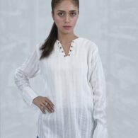 White Self-Striped Cotton Tunic with Eyelet V-Neckline